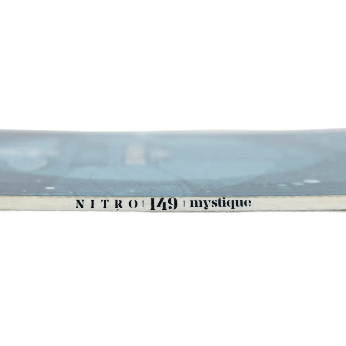 Nitro Women's Mystique Snowboard 2025 - A blue snowboard with a white stripe down the middle and a black design on top.