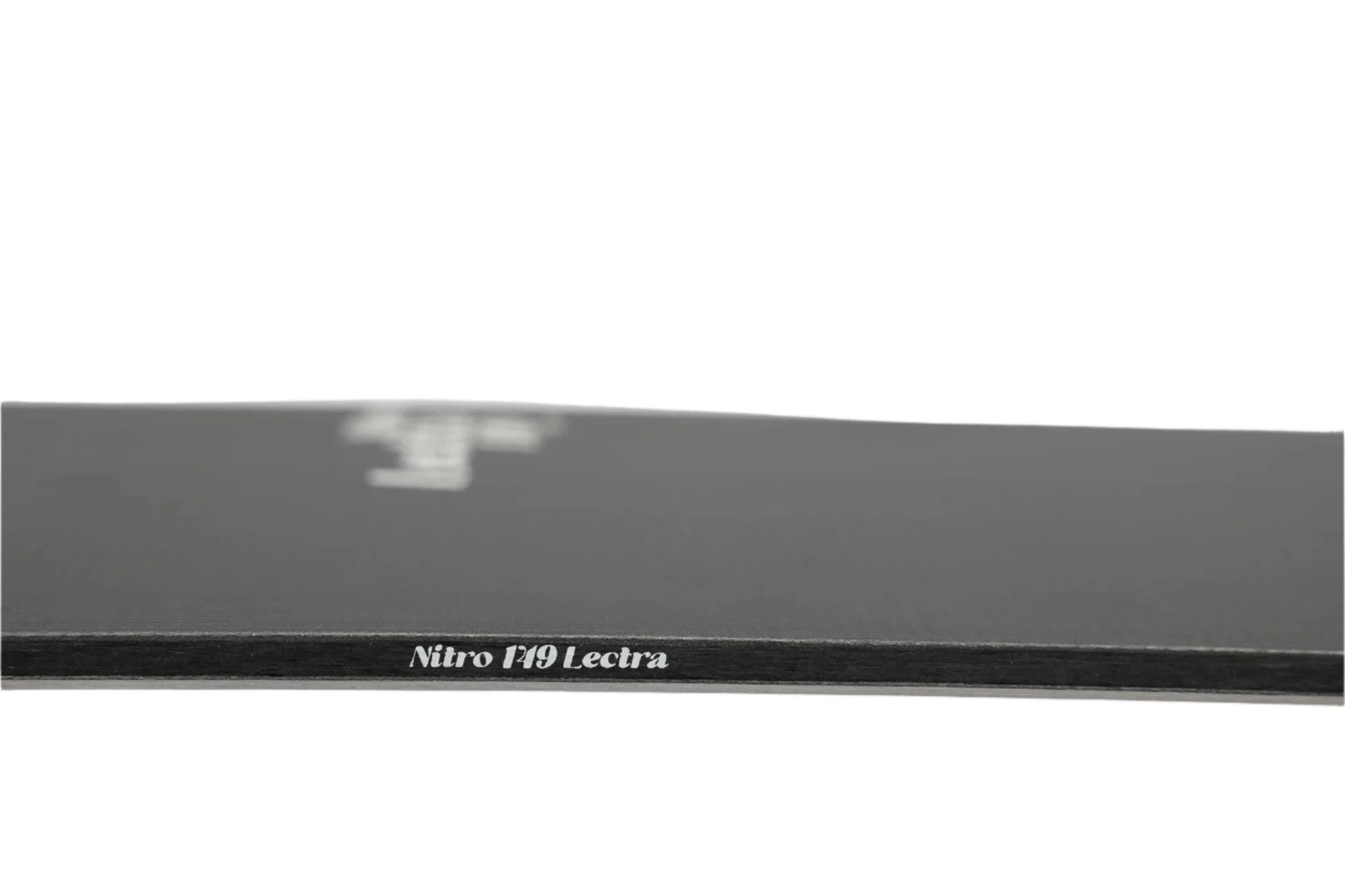 Nitro Women's Lectra Cam-Out Snowboard 2025 - A black snowboard with a white logo on top and a white stripe along the bottom edge.