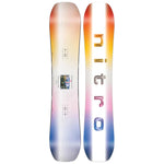 Nitro Women's Optisym Snowboard 2025 - A white snowboard with a gradient of orange, yellow, and pink at the top that fades to blue towards the bottom.