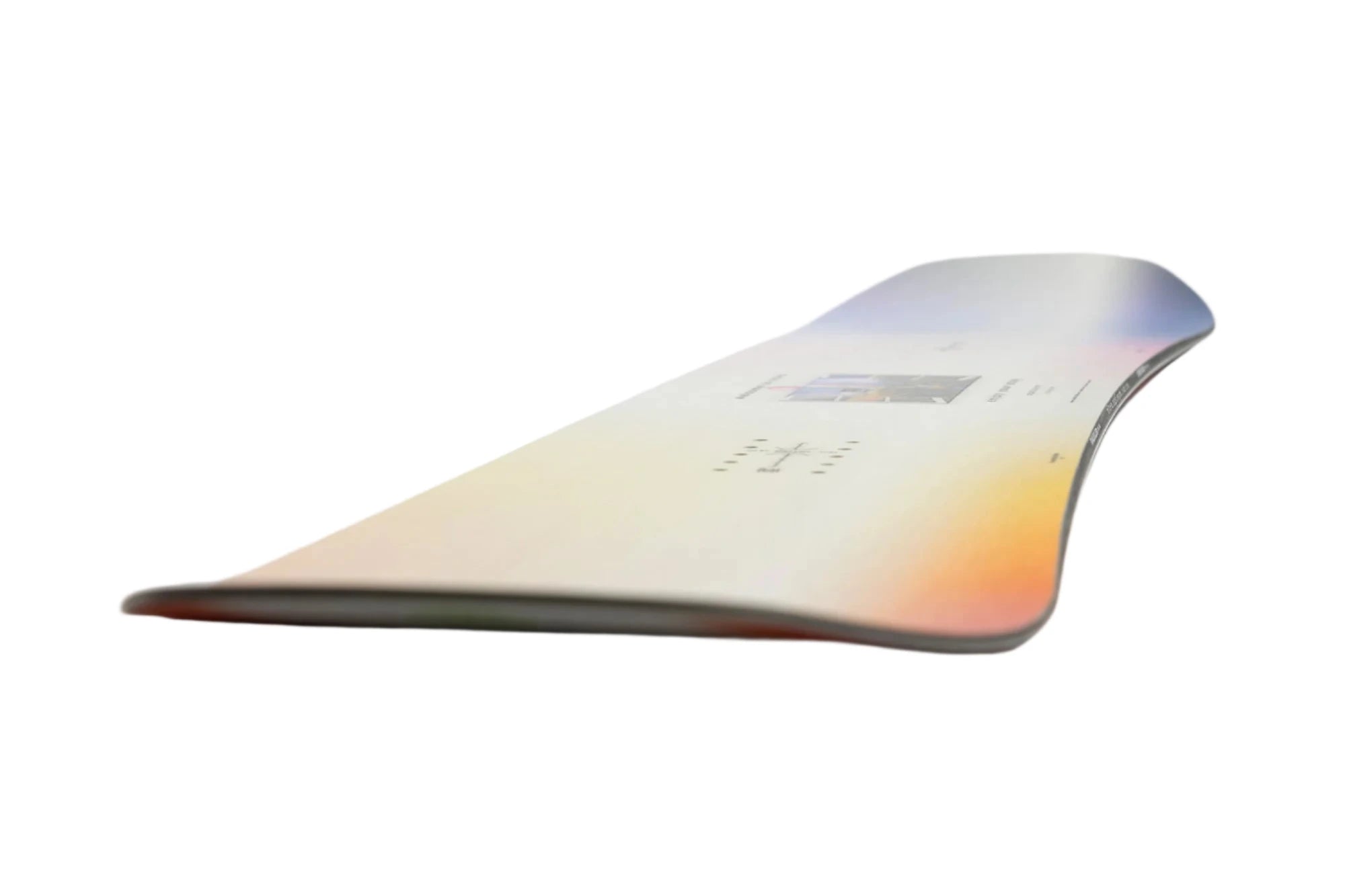 Nitro Women's Optisym Snowboard 2025 - A snowboard with a white base and blue, orange, and yellow gradient at the top.