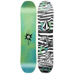 Nitro Kid's Ripper x Volcom Snowboard 2025 - A green and blue snowboard with a wavy line pattern on top of a white background.