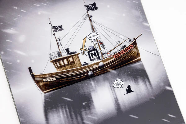 Nitro Team Pro Marcus Kleveland Snowboard 2026 - A snowboard with a black and white graphic of a man riding on it, featuring the words "Team Pro" in red letters.