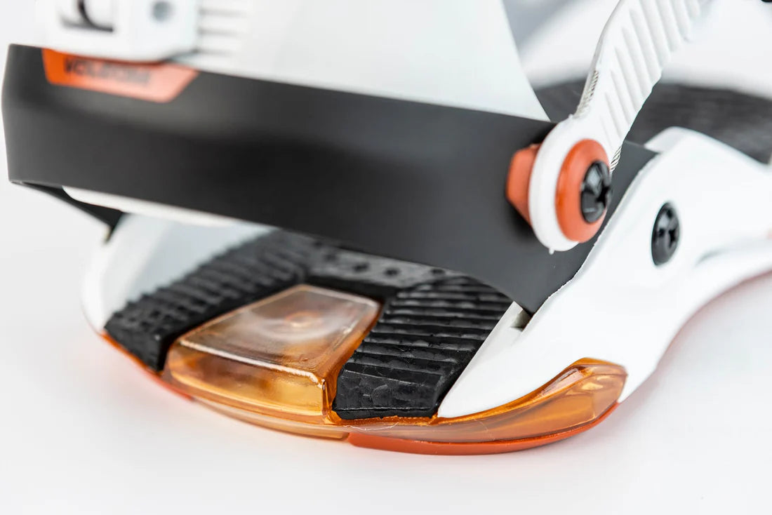 Nitro Phantom Snowboard Bindings 2025 - A pair of black bindings with silver screws and a rectangular orange logo on the top left corner.