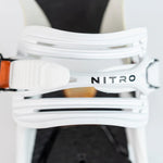 Nitro Phantom Snowboard Bindings 2025 - A pair of white snowboard bindings with a black strap and silver screws.