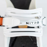 Nitro Phantom Snowboard Bindings 2025 - A pair of white snowboard bindings with a black strap and silver screws.