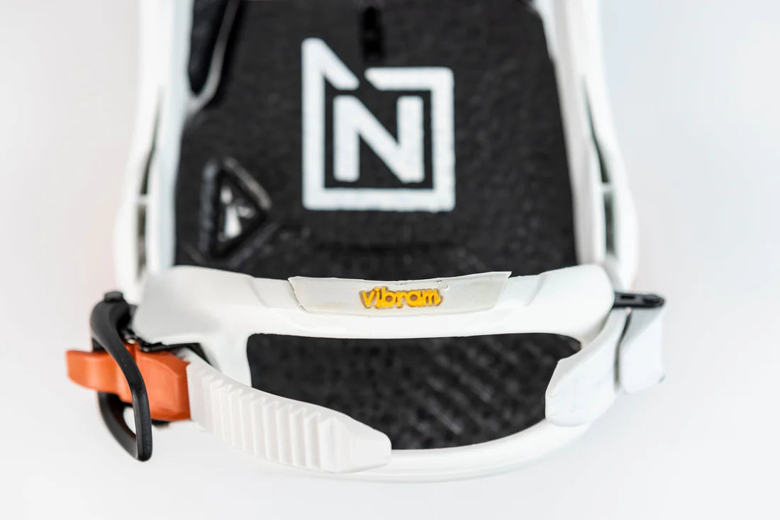 Nitro Phantom Snowboard Bindings 2025 - White bindings with black straps and a white logo on top.