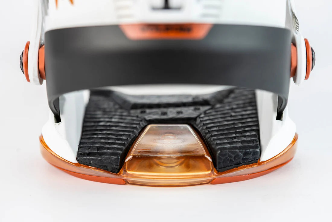 Nitro Phantom Snowboard Bindings 2025 - A black strap with copper-colored hardware is attached to a white base plate.