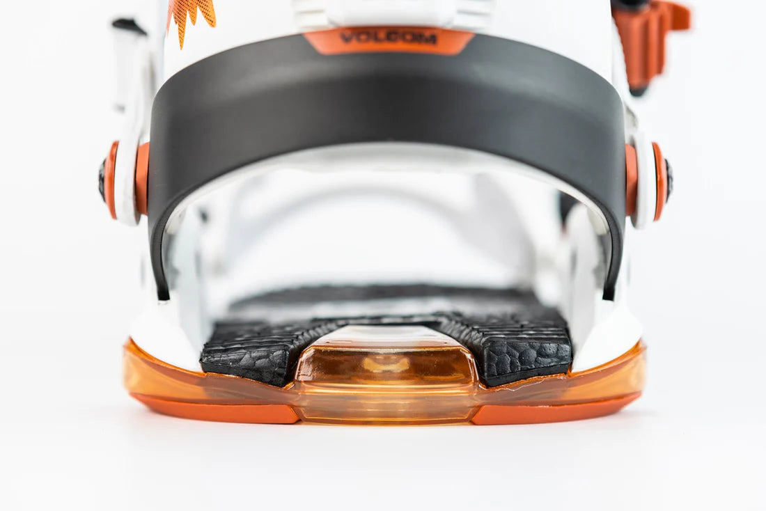 Nitro Phantom Snowboard Bindings 2025 - A black strap with orange accents is wrapped around a white plastic piece.