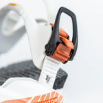 Nitro Phantom Snowboard Bindings 2025 - A pair of white snowboard bindings with orange accents and a black strap.