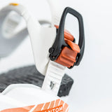 Nitro Phantom Snowboard Bindings 2025 - A pair of white snowboard bindings with orange accents and a black strap.