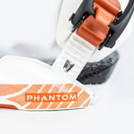 Nitro Phantom Snowboard Bindings 2025 - A white snowboard binding with an orange strap and black buckles.
