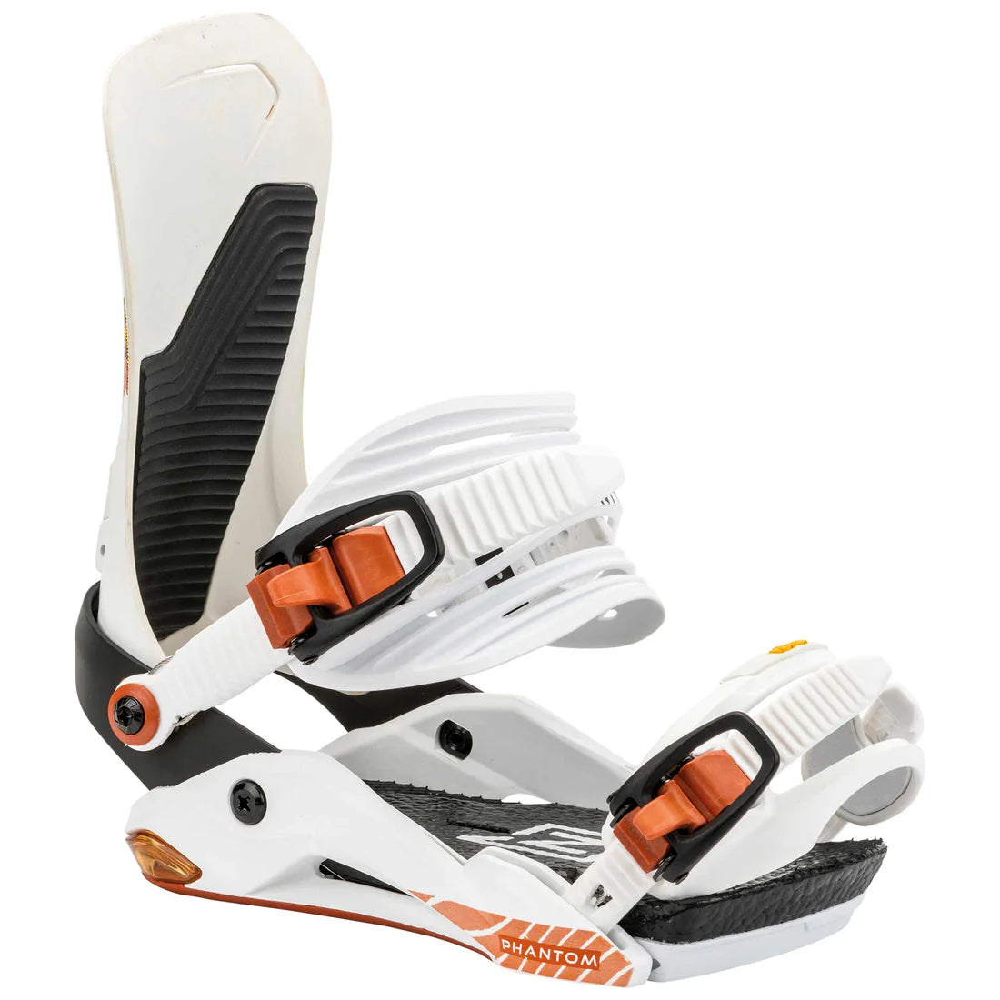 Nitro Phantom Snowboard Bindings 2025 - White bindings with black and orange buckles, featuring a textured strap on the right boot.