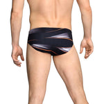 Speedo Infinite Pulse Brief Swimsuit - A black swimsuit with a subtle orange and white wave pattern on the front.