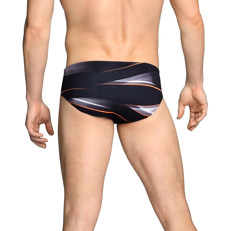 Speedo Infinite Pulse Brief Swimsuit - A black swimsuit with a subtle orange and white wave pattern on the front.