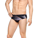 Speedo Infinite Pulse Brief Swimsuit - A black swimsuit with a geometric pattern of orange and gray lines.