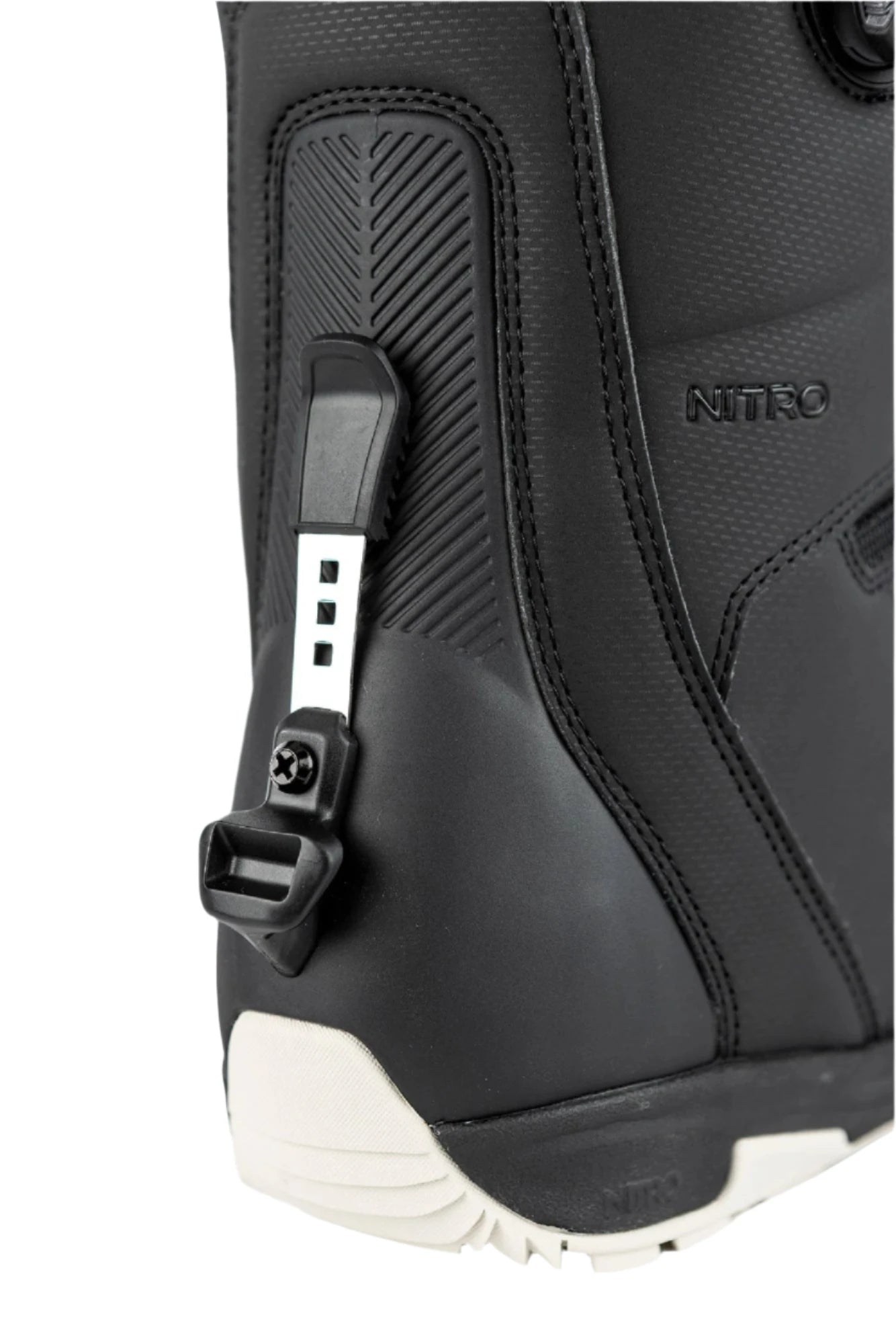 Nitro Darkseid Step On BOA Snowboard Boot 2025 - Black snowboard boot with a textured pattern on the side and white soles.