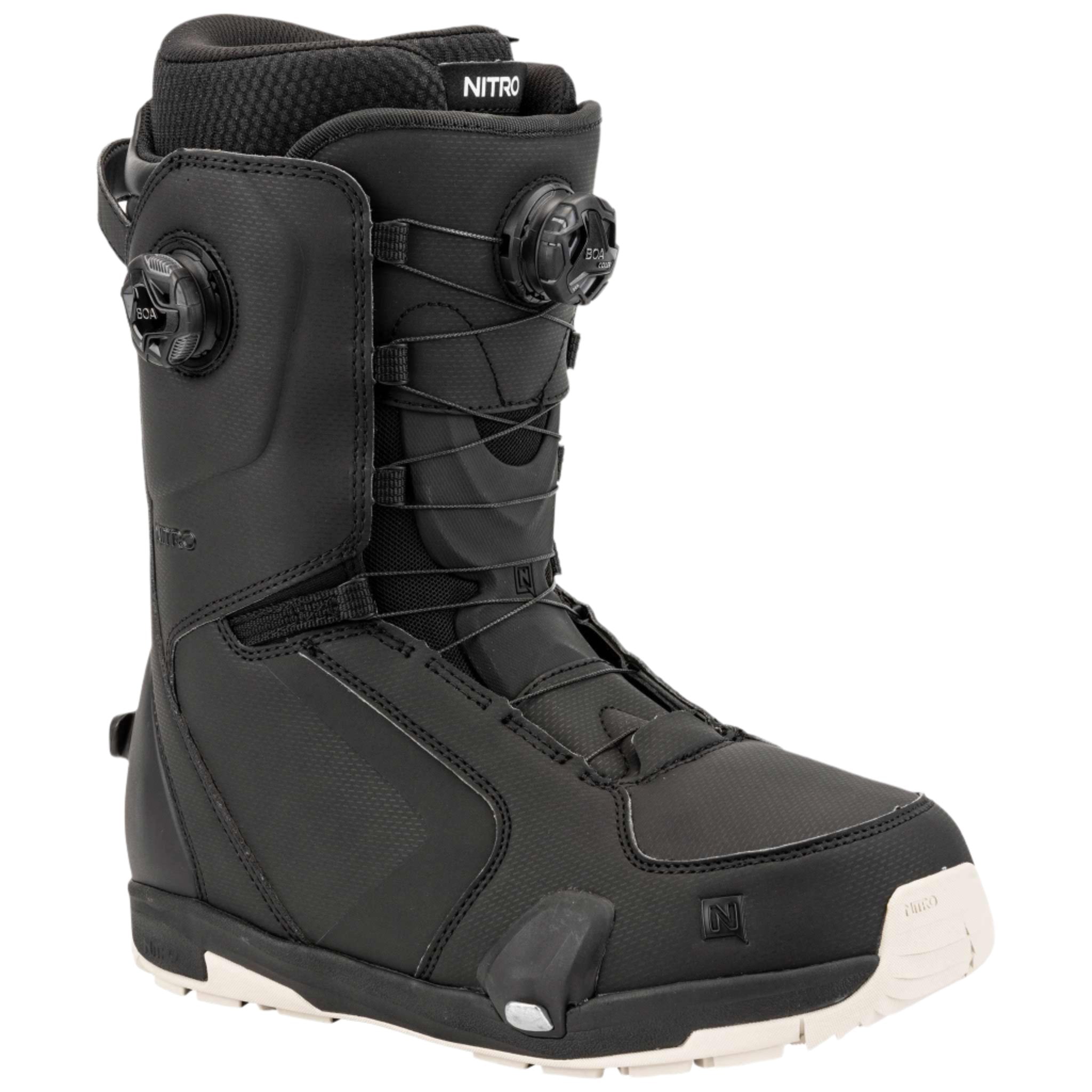 Nitro Darkseid Step On BOA Snowboard Boot 2025 - Black snowboard boots with a sleek, modern design and silver BOA dials on the side.