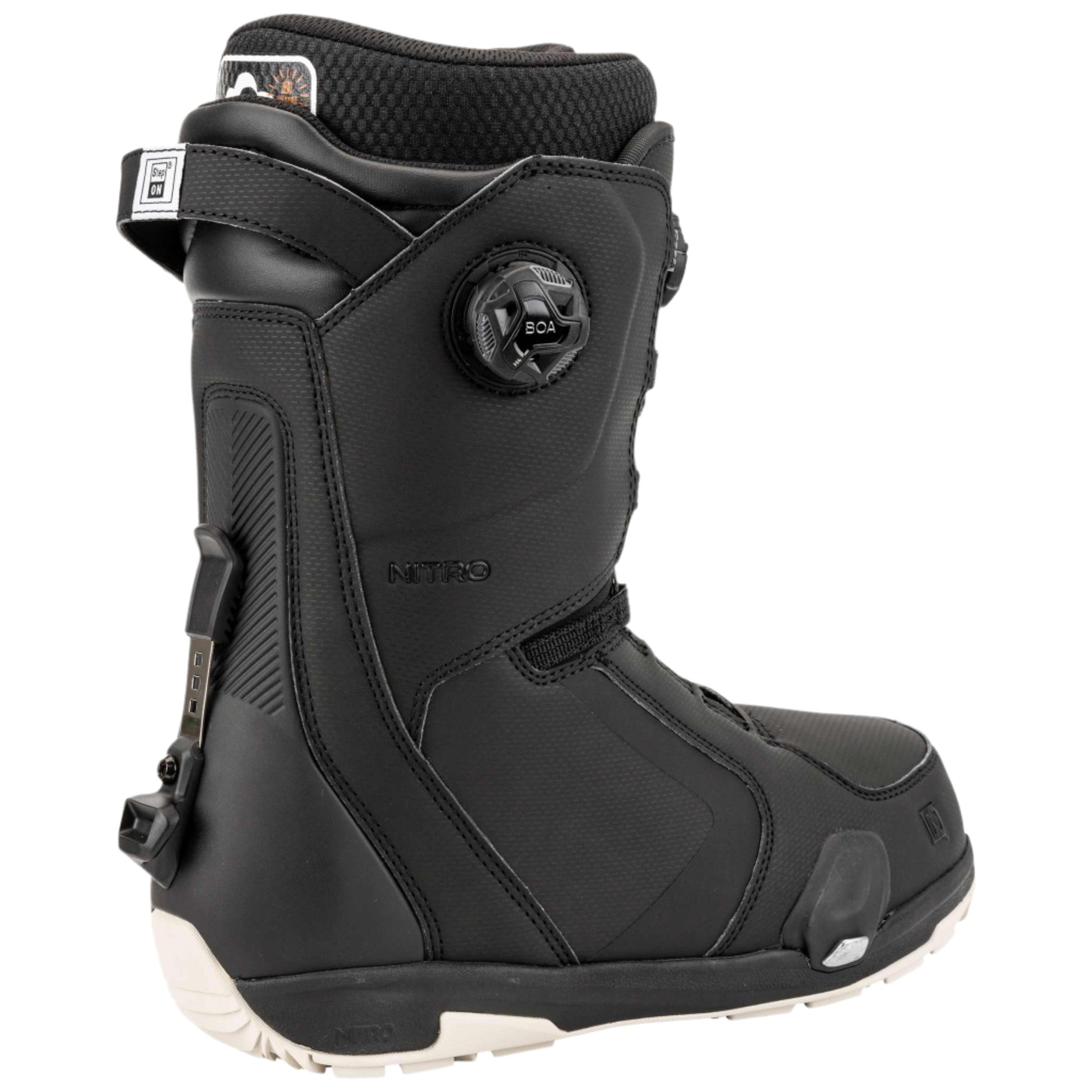 Nitro Darkseid Step On BOA Snowboard Boot 2025 - Black snowboard boot with a textured pattern on the upper and white soles.