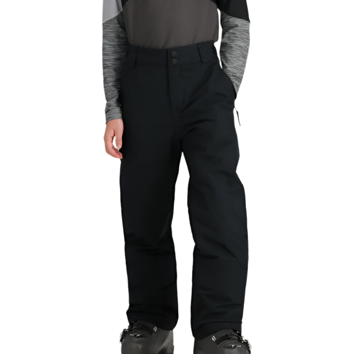 Obermeyer Junior's Timberline Insulated Pant 2025 - Black insulated ski pants with a subtle pattern of thin white lines on the lower leg.
