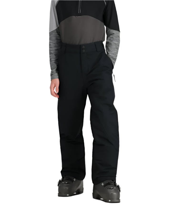 Obermeyer Junior's Timberline Insulated Pant 2025 - Black insulated ski pants with a subtle pattern of thin white lines on the lower leg.