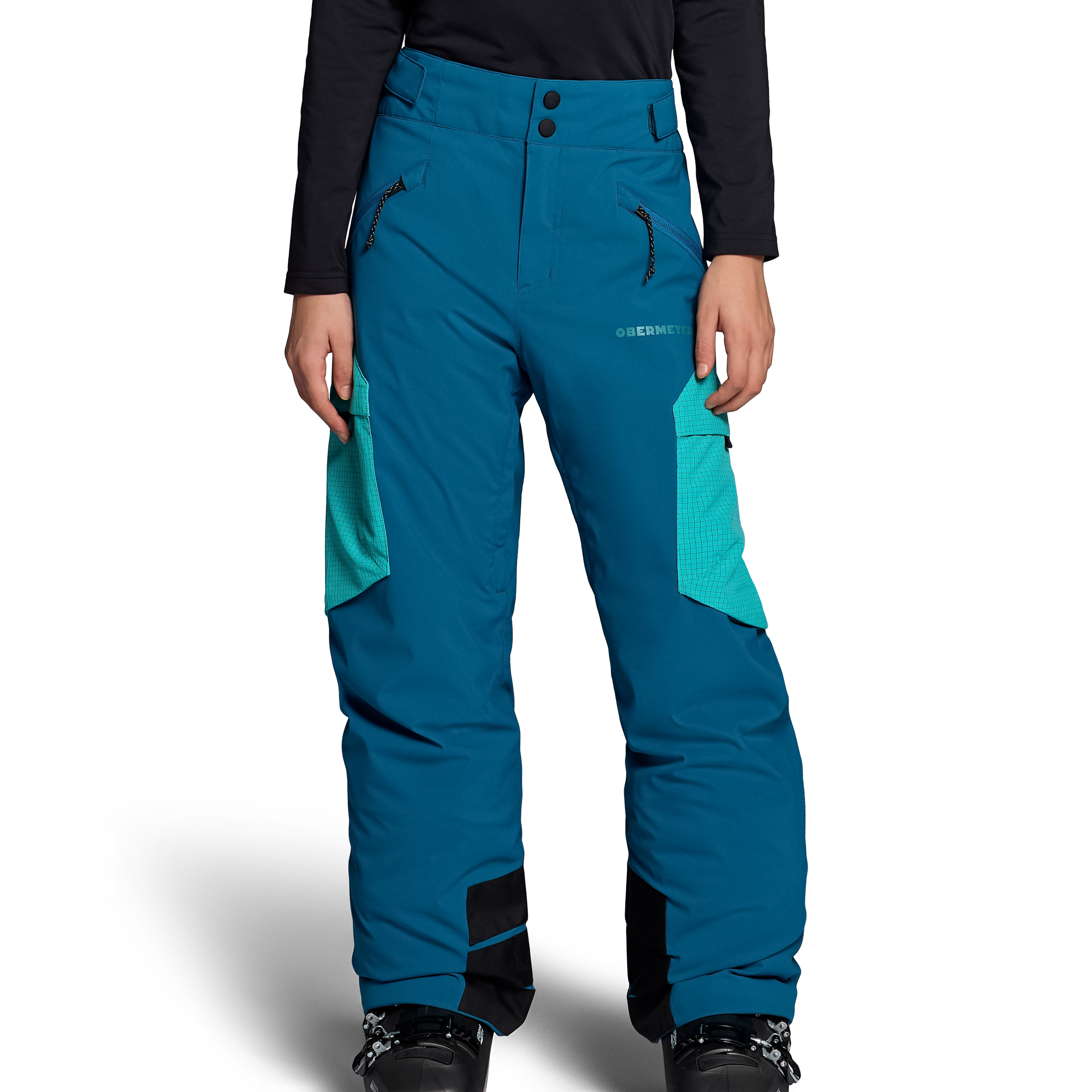 Obermeyer Jr. girls' insulated ski pants, Corsair teal, front view