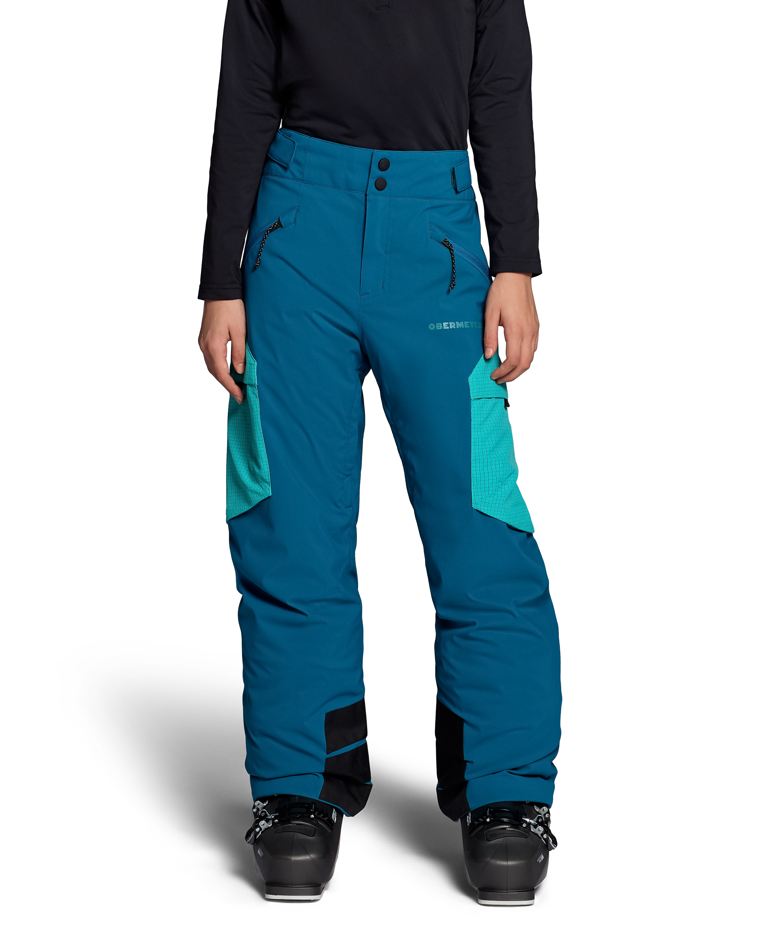 Obermeyer Jr. girls' insulated ski pants, Corsair teal, front view