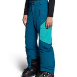 Obermeyer Jr. girls' insulated ski pants, Corsair teal, side view with zips