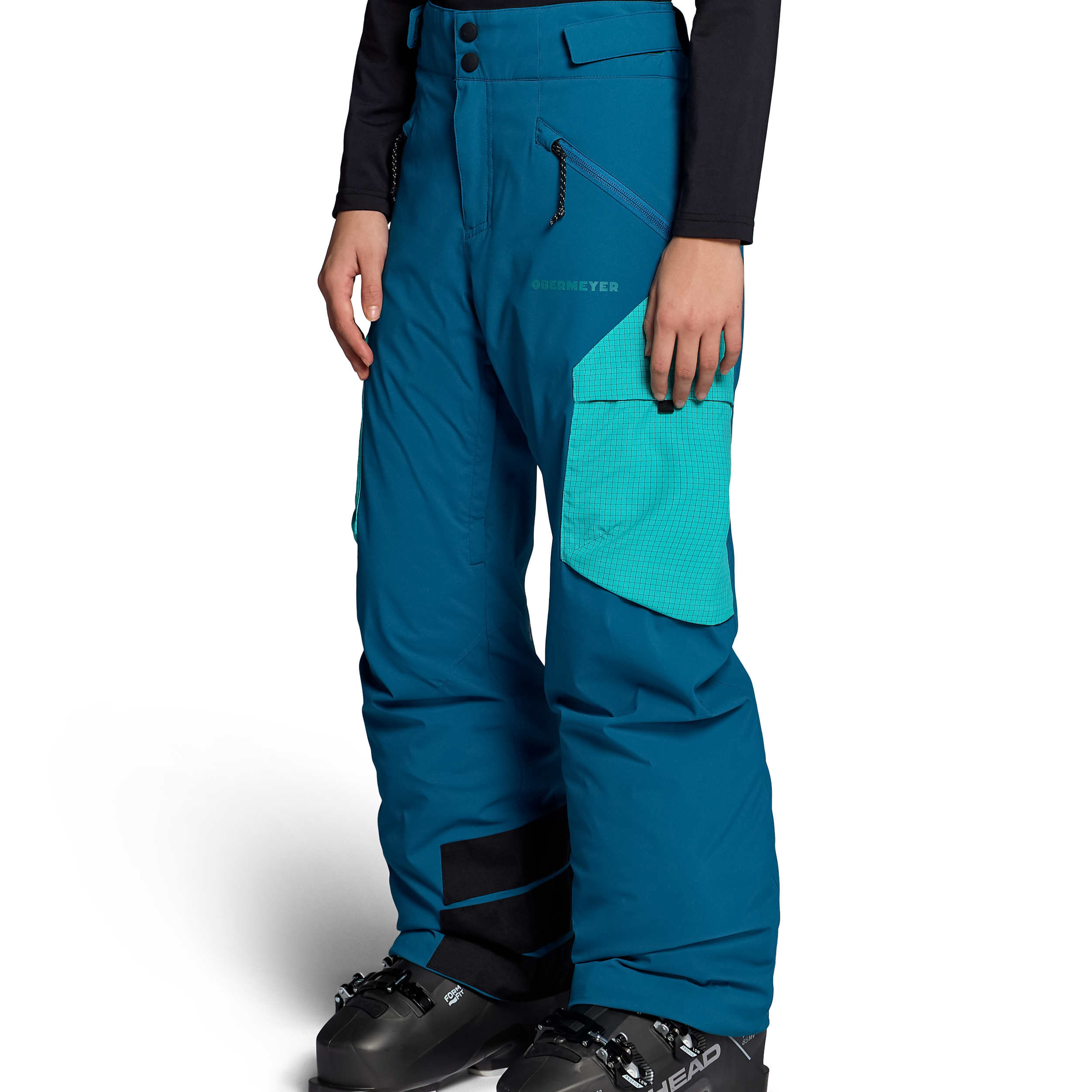Obermeyer Jr. girls' insulated ski pants, Corsair teal, side view with zips