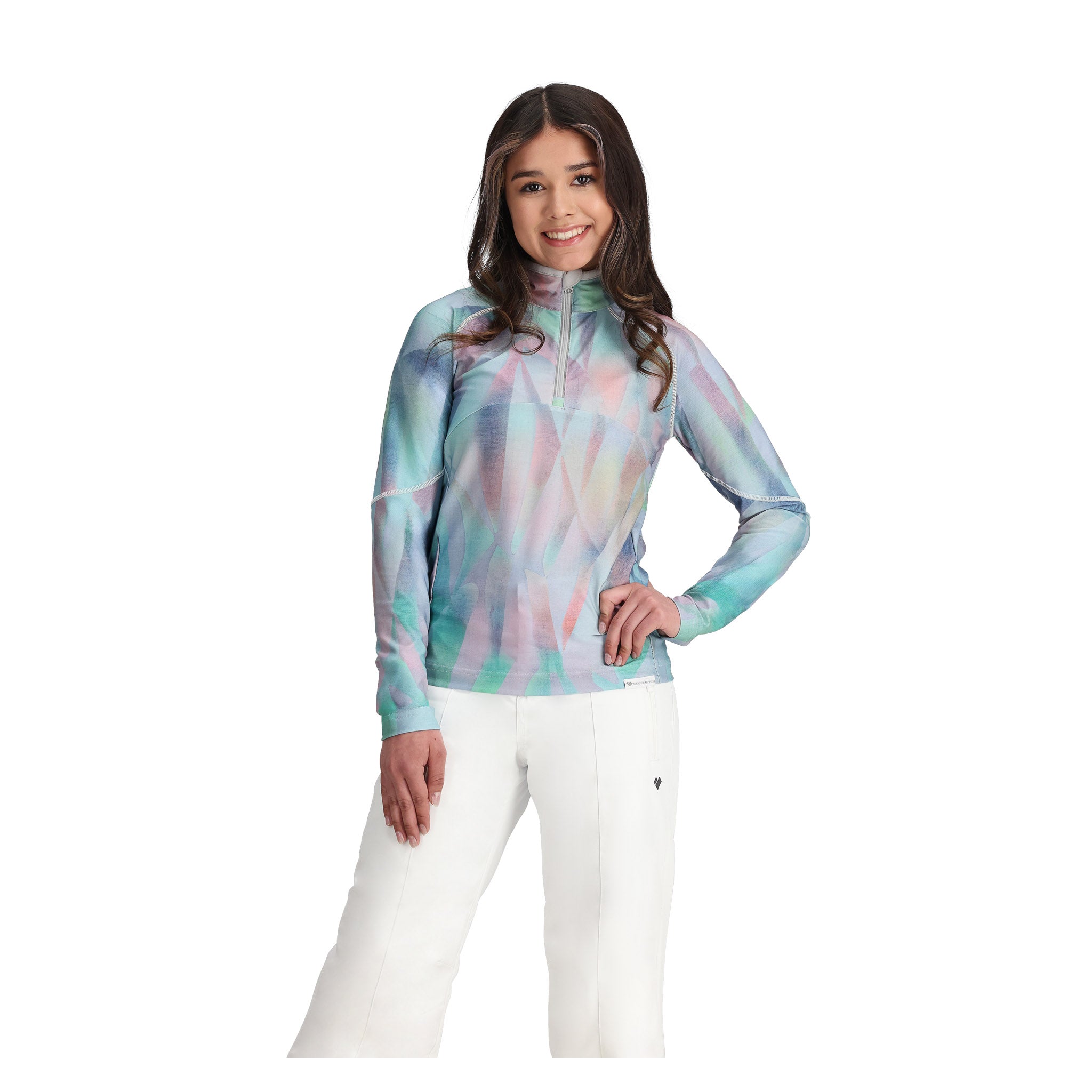 Obermeyer Junior's Banff 1/4 Zip Top - A pastel-colored top with a geometric pattern, featuring shades of pink and blue.