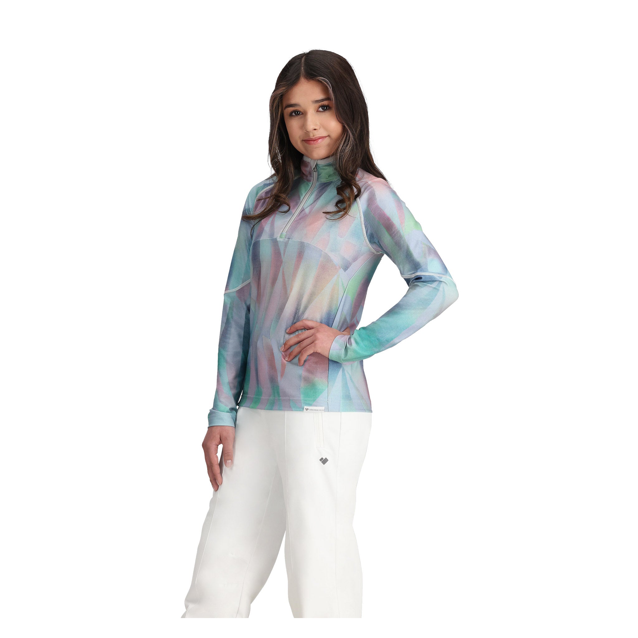 Obermeyer Junior's Banff 1/4 Zip Top - A pastel-colored top with a geometric pattern, featuring shades of pink and blue.
