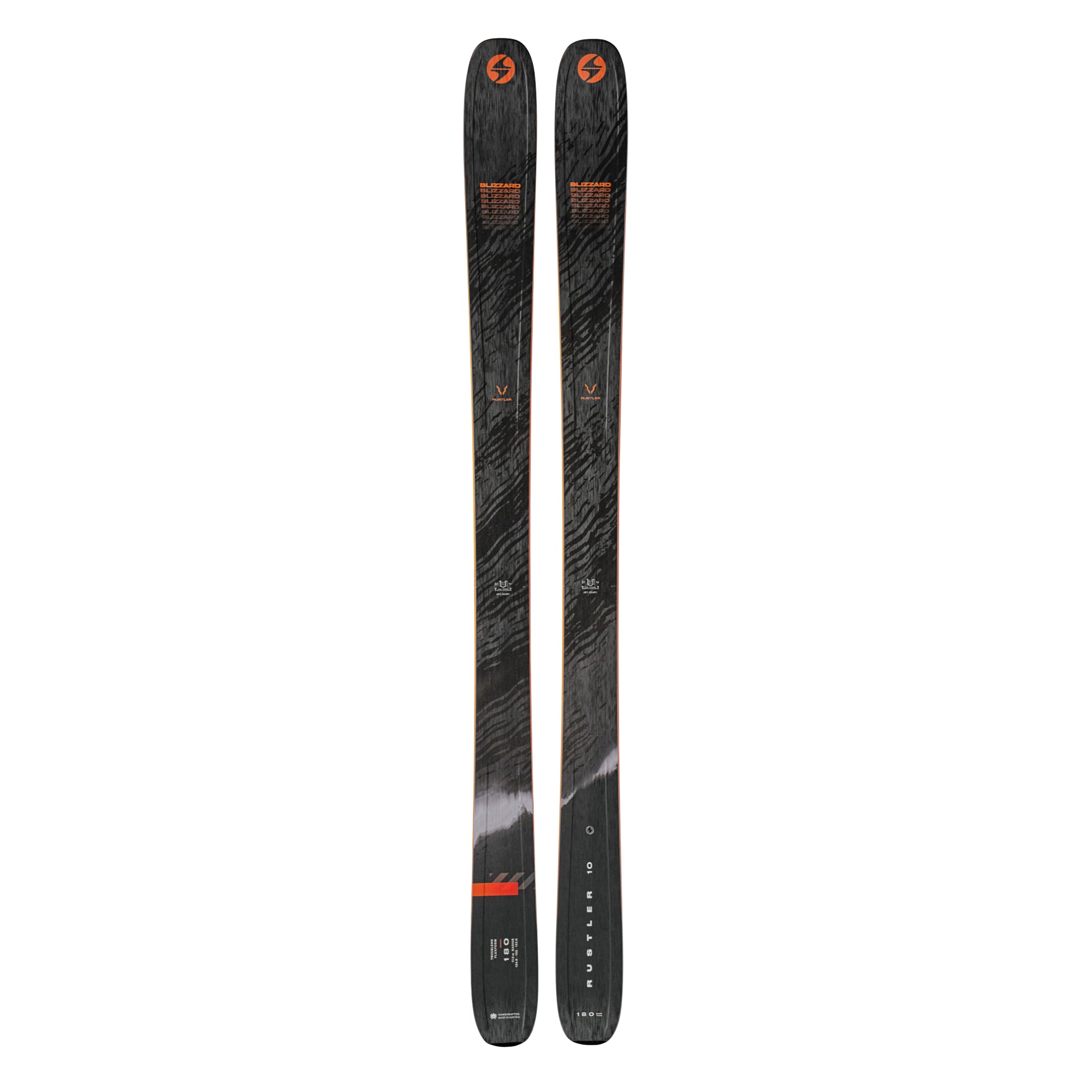 Blizzard Rustler 10 Skis 2025 - Black skis with orange Blizzard logo at top of each ski.