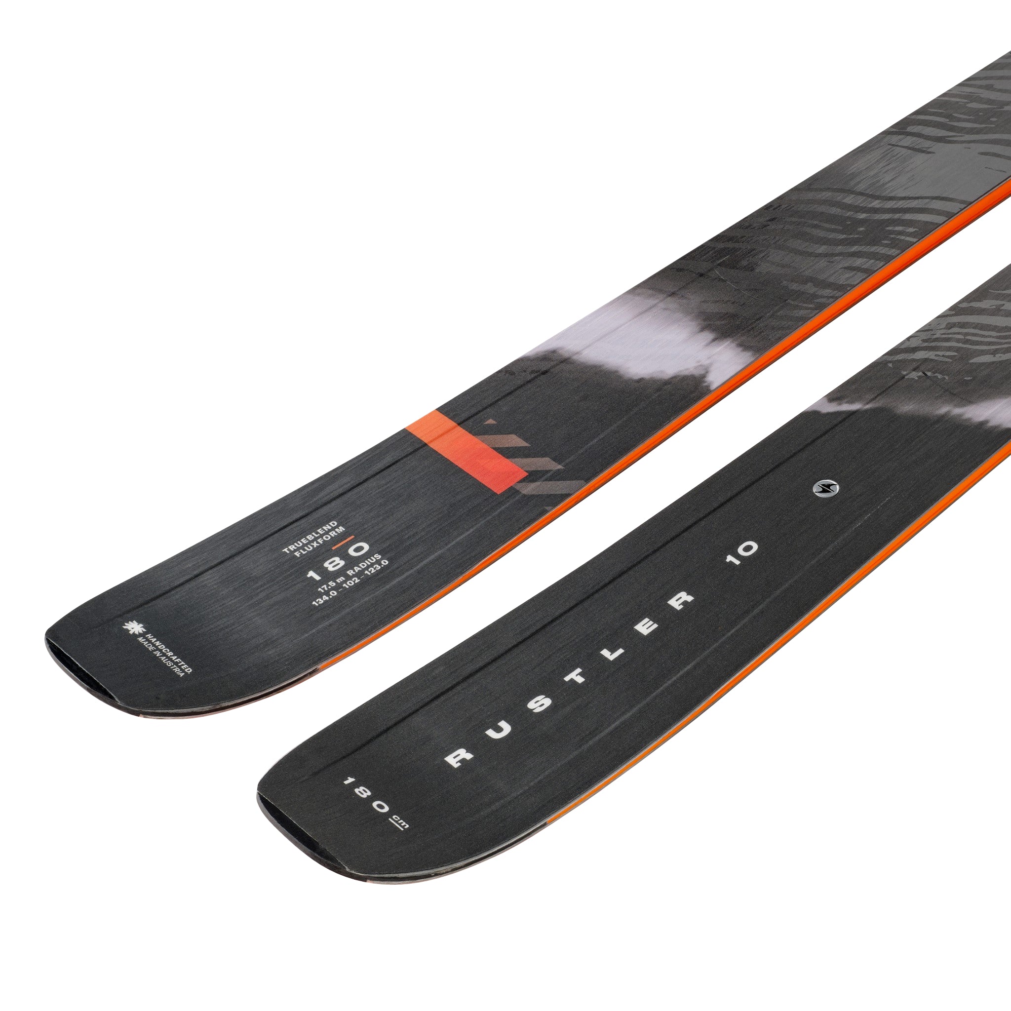 Blizzard Rustler 10 Skis 2025 - Black skis with white lettering and a red stripe on top.