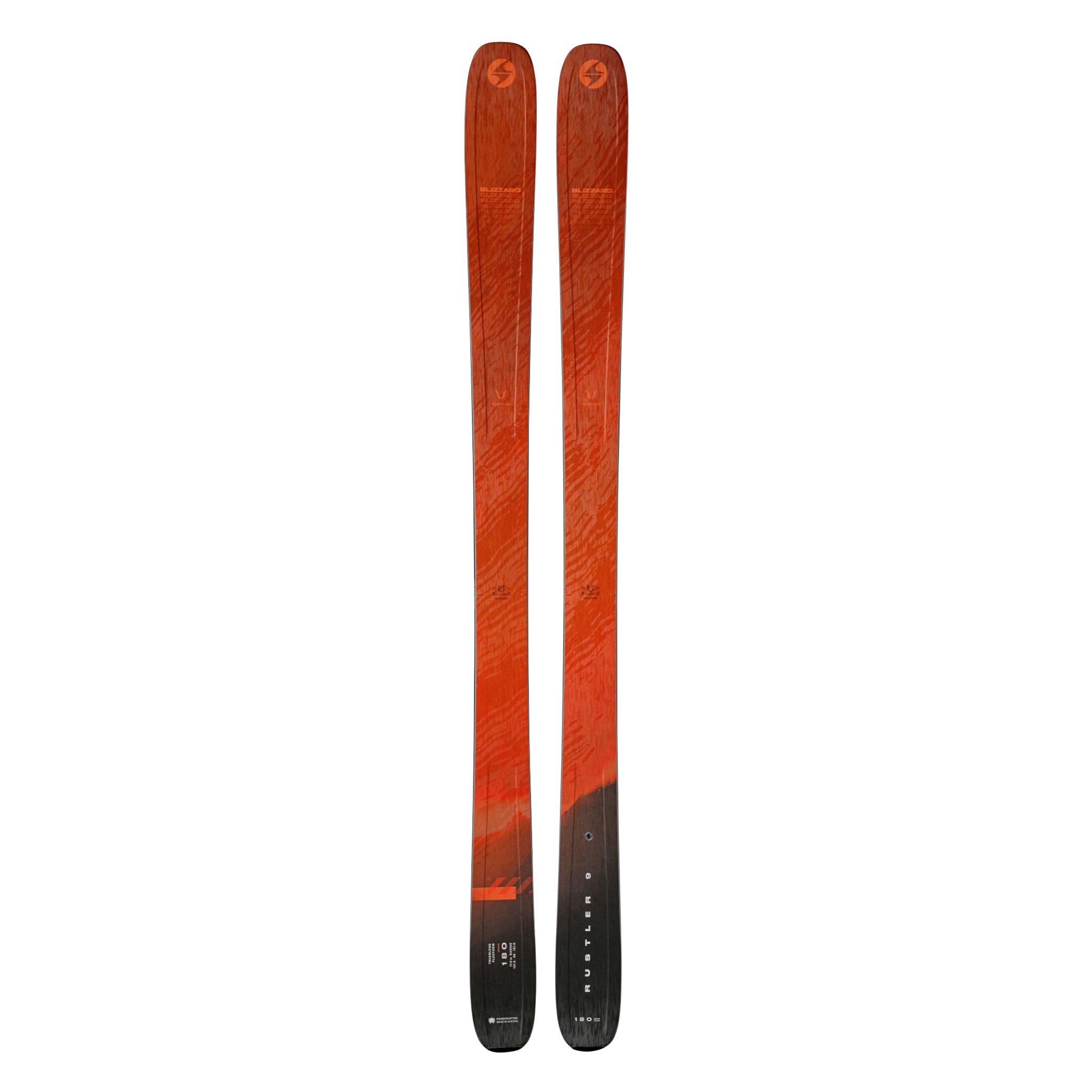 Blizzard Rustler 9 Skis 2025 - A pair of skis with a black and red color scheme, featuring a distinctive logo on the tip of each ski.