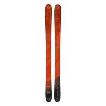 Blizzard Rustler 9 Skis 2025 - A pair of skis with a black and red color scheme, featuring a distinctive logo on the tip of each ski.