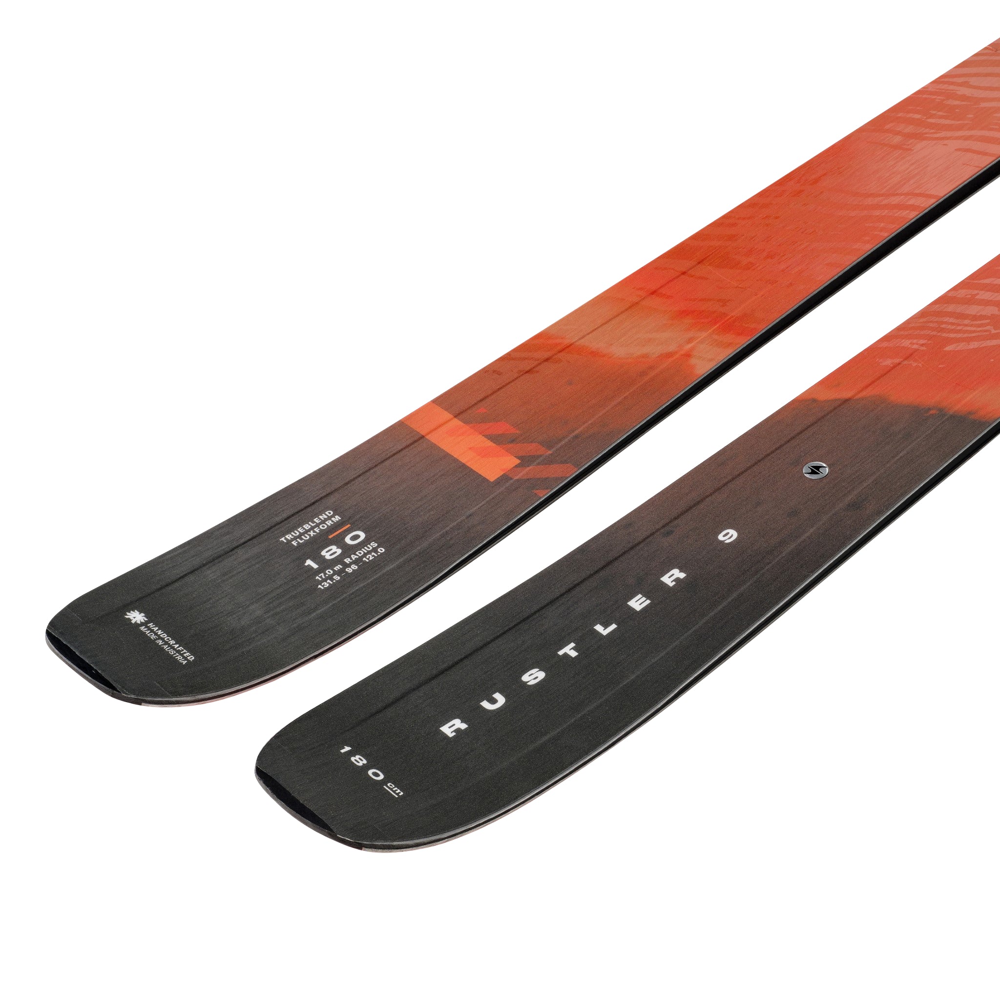 Blizzard Rustler 9 Skis 2025 - A pair of skis with a dark brown base and orange accents on the top sheet, featuring a distinctive pattern of diagonal lines in lighter shades of brown.