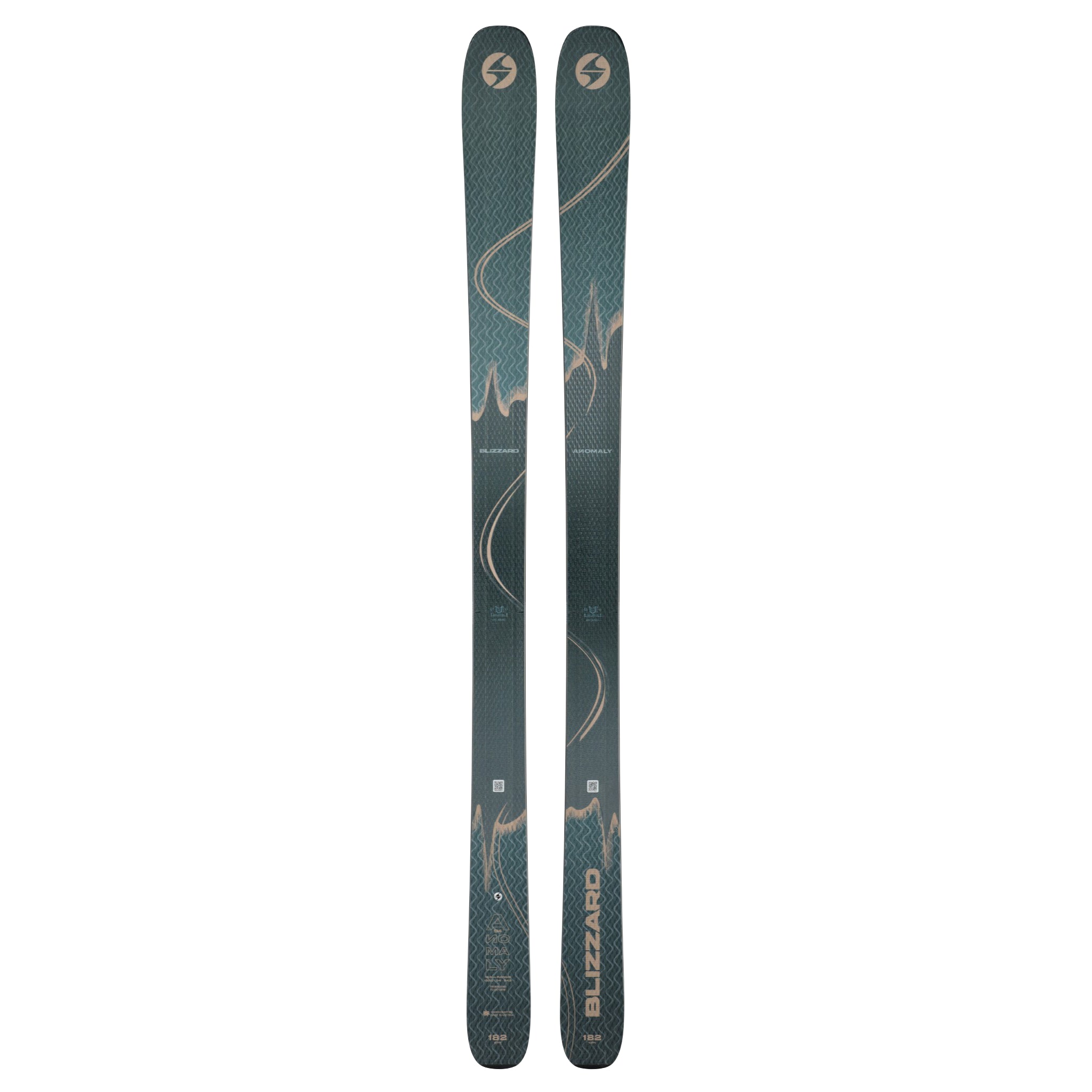 Blizzard Anomaly 94 Skis 2025 - A pair of skis with a dark green base color and light-colored abstract line designs.