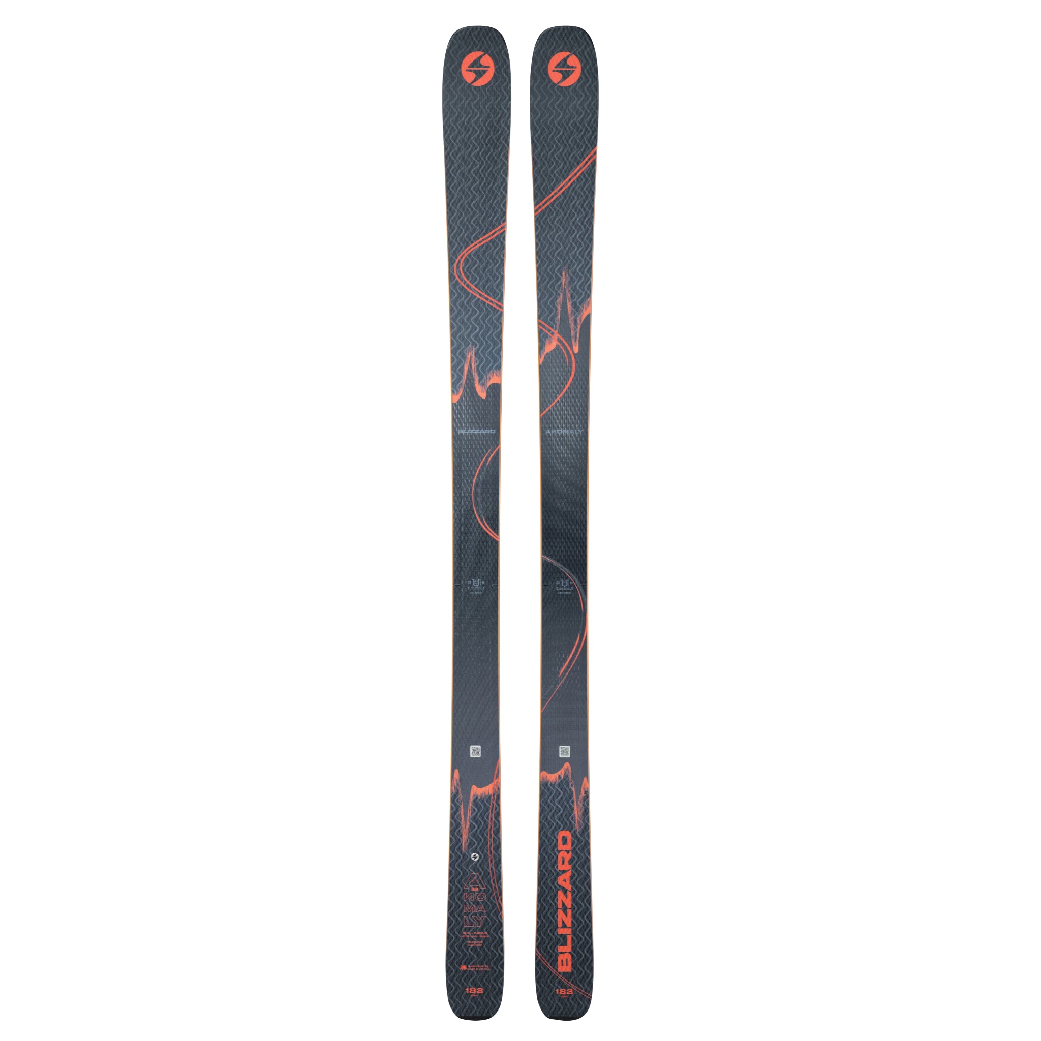 Blizzard Anomaly 88 Skis 2025 - Black skis with orange accents and a distinctive wavy pattern on top.