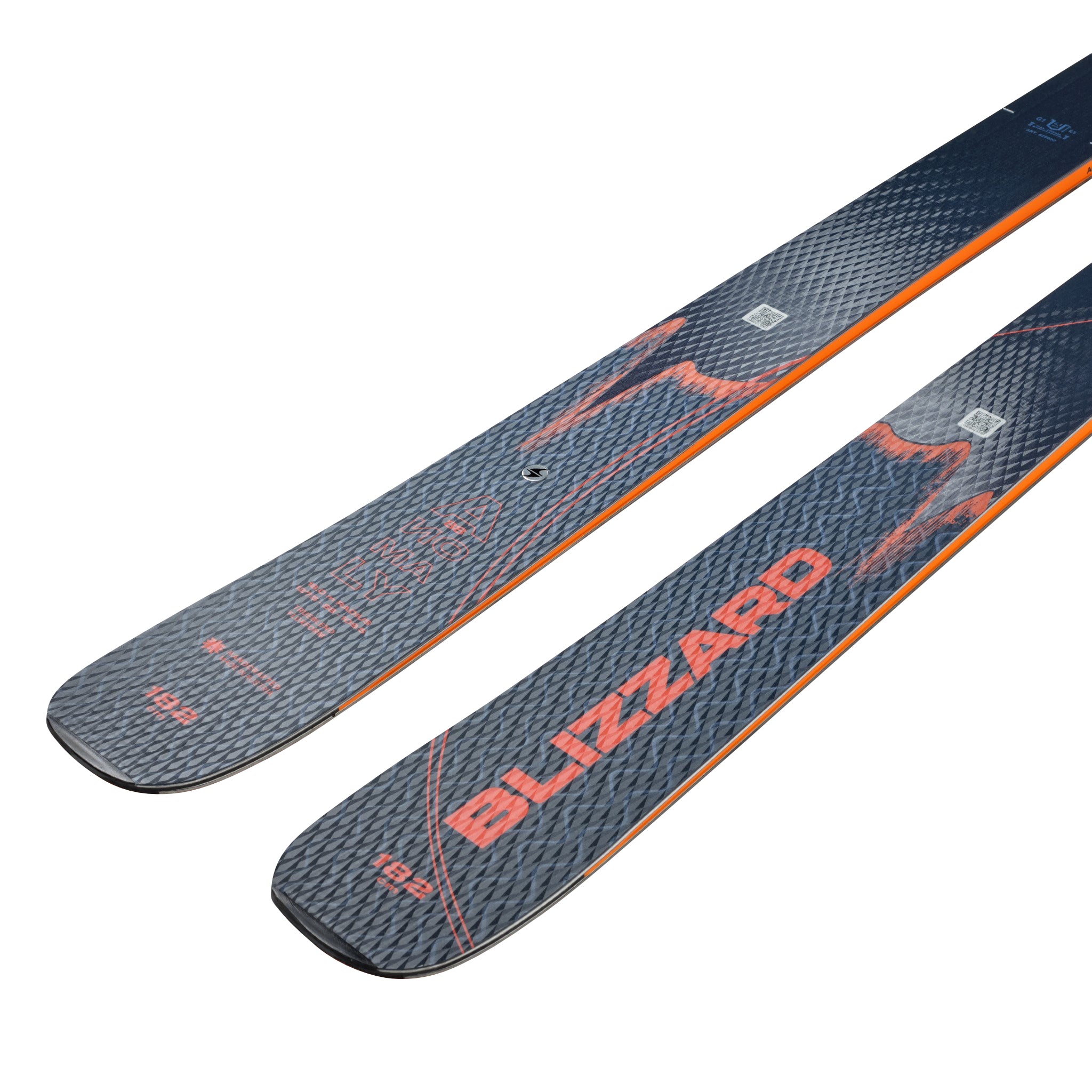 Blizzard Anomaly 88 Skis 2025 - A pair of skis with a dark gray base color and orange accents, featuring a textured pattern on the top surface.