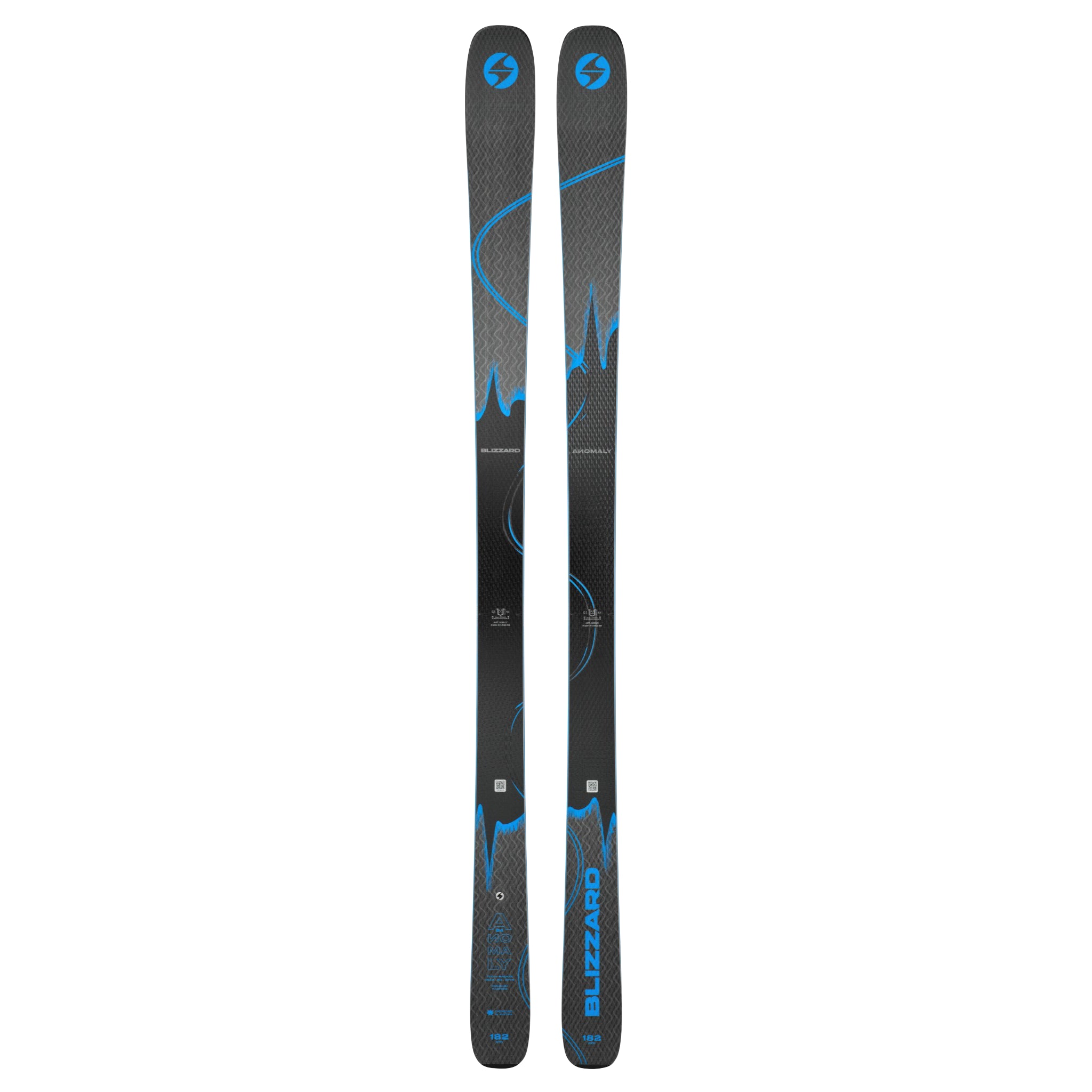 Blizzard Anomaly 84 Skis 2025 - Black skis with blue accents and a wavy pattern on top.