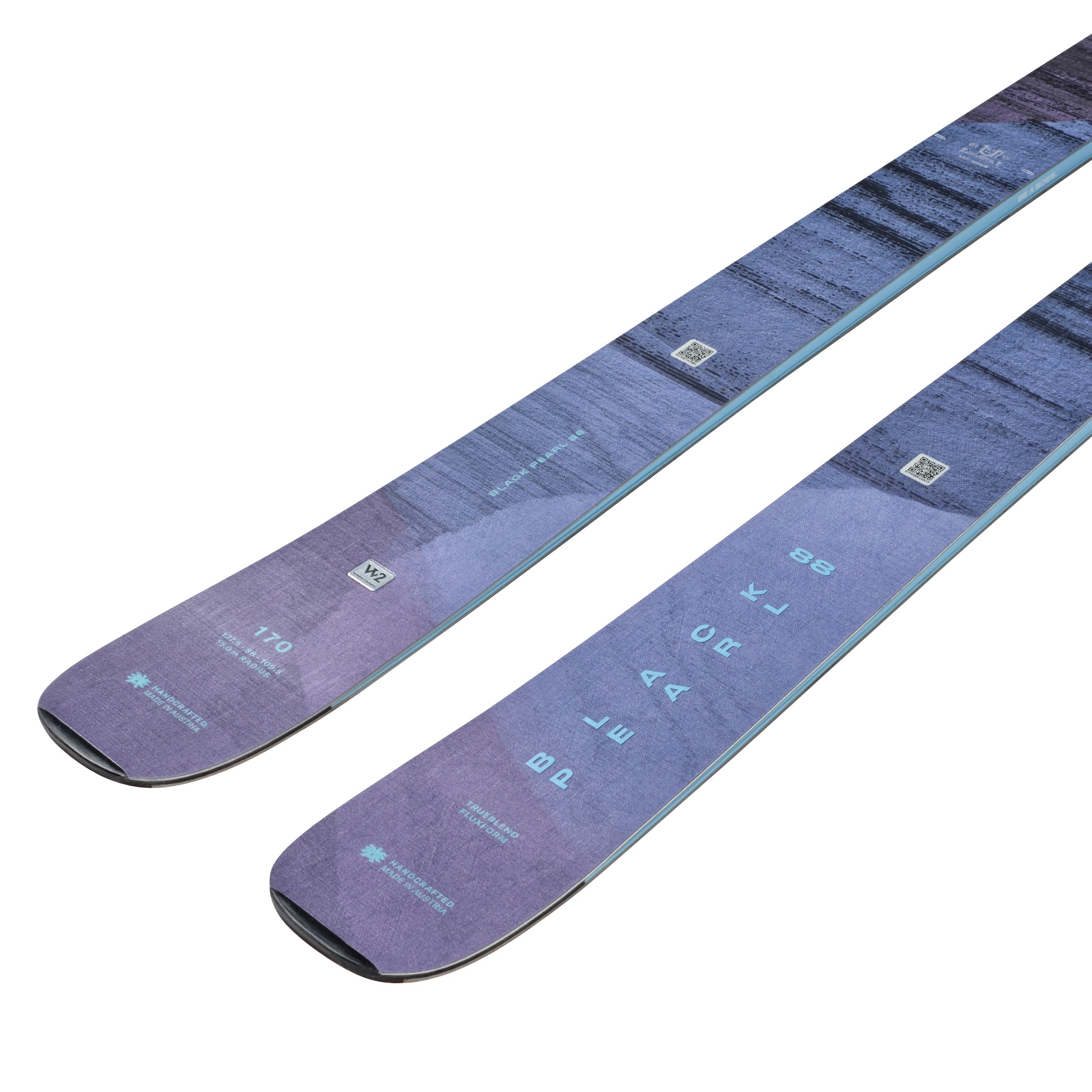 Blizzard Women's Black Pearl 88 Skis 2026 - A pair of skis with a purple and black striped pattern on the top sheet, featuring a subtle white logo at the tip.