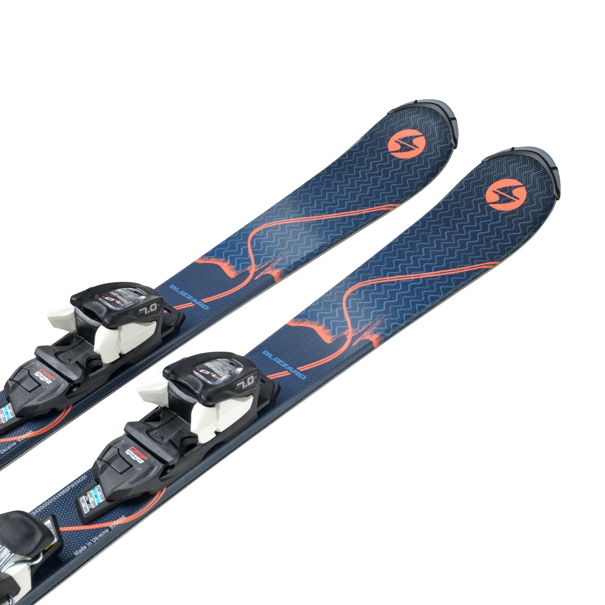 Blizzard Junior Anomaly Skis with FDT 4.5 Bindings - 2026 skis in a dark blue color with an orange pattern and black bindings.