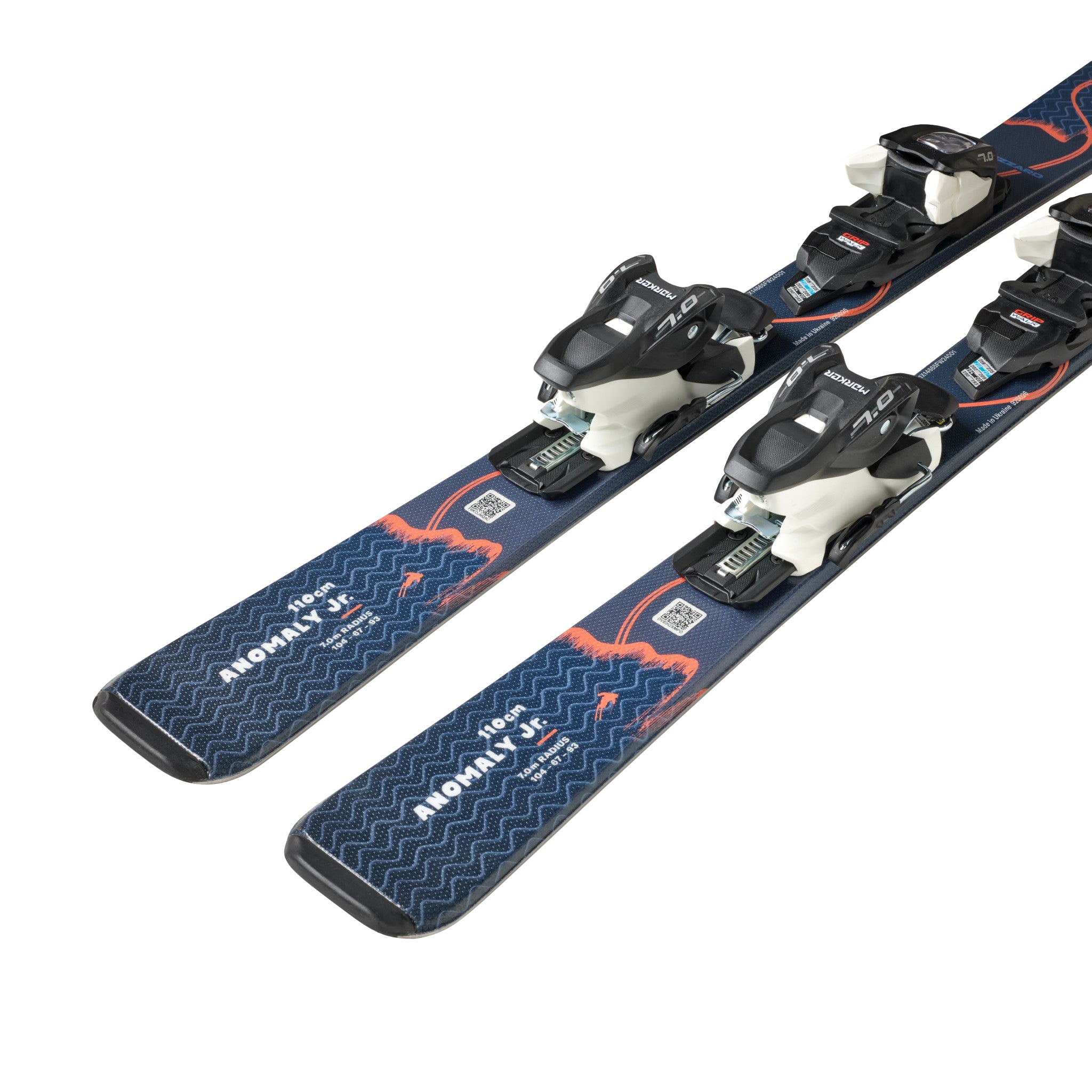 Blizzard Junior Anomaly Skis with FDT 4.5 Bindings - 2026 skis with a dark blue base and orange accents, featuring a distinctive pattern of wavy lines on the top sheet.