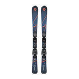 Blizzard Junior Anomaly Skis with FDT 4.5 Bindings - A pair of skis with a dark blue base and orange accents, featuring a wavy line design on the top sheet.