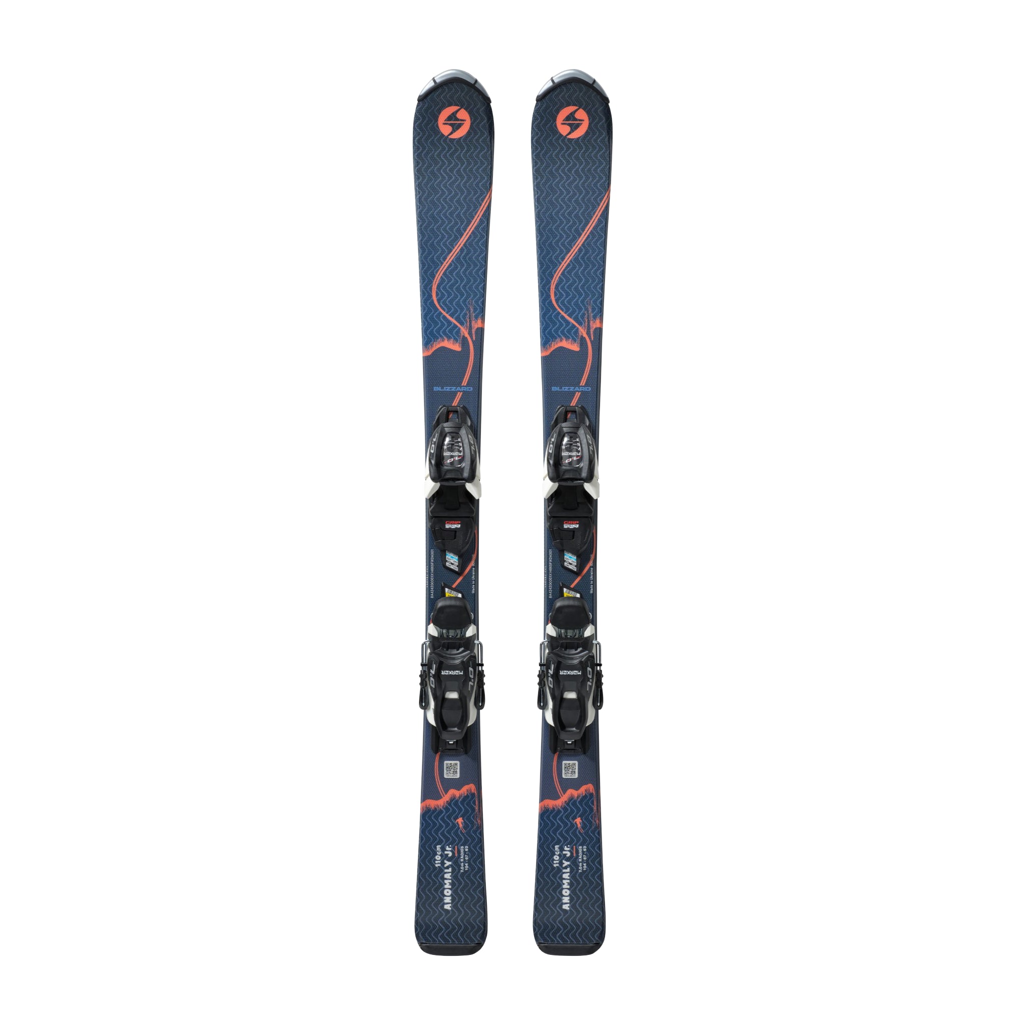 Blizzard Junior Anomaly Skis with FDT 4.5 Bindings - A pair of skis with a dark blue base and orange accents, featuring a wavy line design on the top sheet.