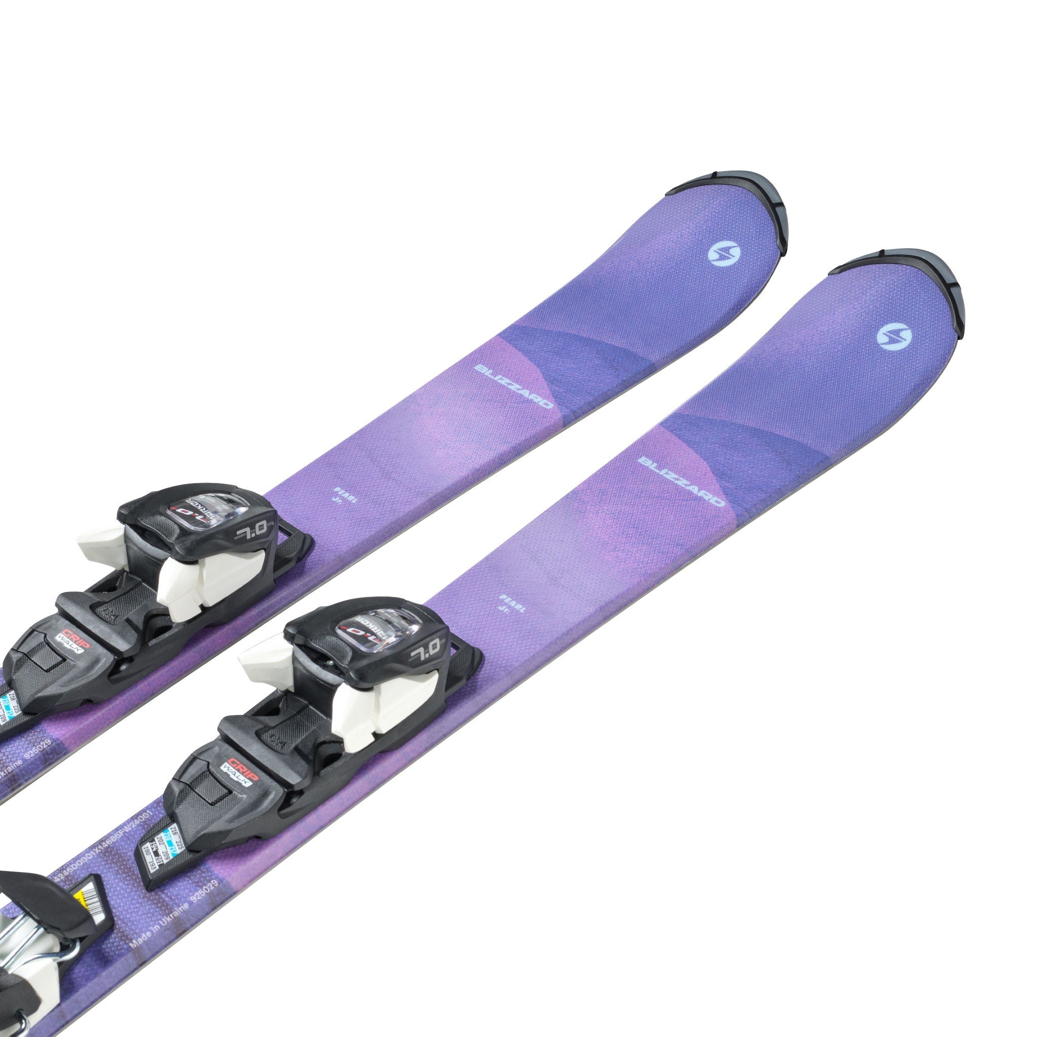 Blizzard Junior Pearl Skis with FDT JR 4.5 Bindings - A pair of purple skis with a textured pattern and white lettering, featuring the brand name "BLIZZARD" on the top of one ski.