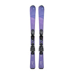 Blizzard Junior Pearl Skis with FDT JR 4.5 Bindings - A pair of purple skis with a mountain graphic and black bindings.