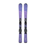 Blizzard Junior Pearl Skis with FDT JR 4.5 Bindings - A pair of purple skis with a mountain graphic and black bindings.