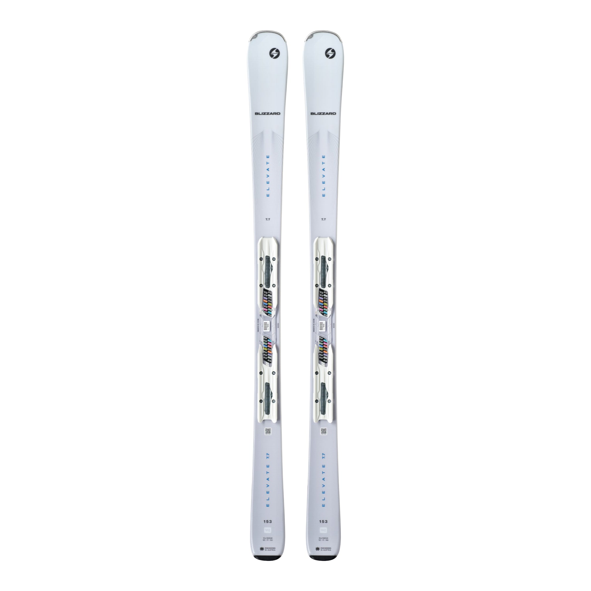 Blizzard Women's Elevate SP 7.7 Skis with TLT 10 Bindings - White skis with black bindings and a silver logo on the top of each ski.