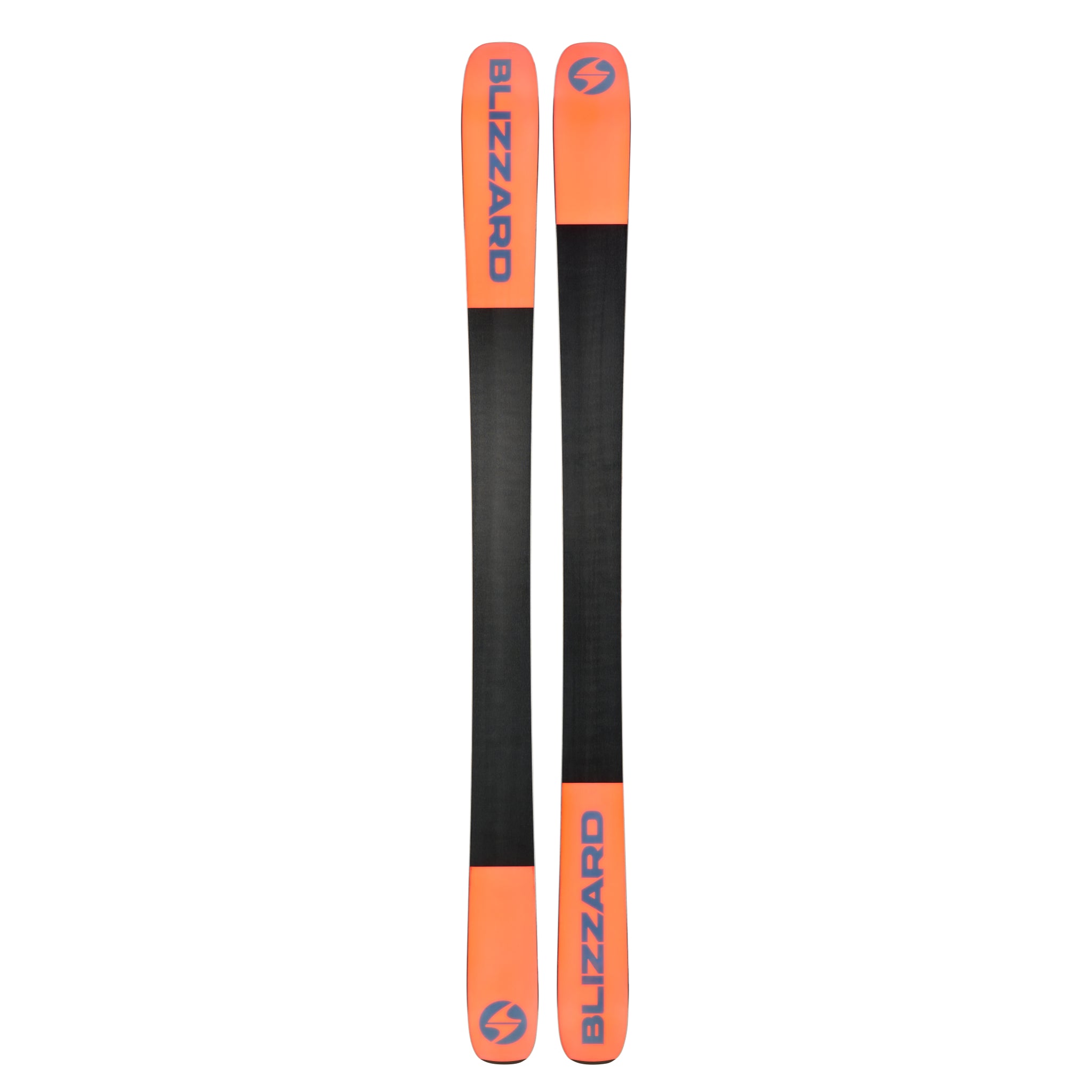 Blizzard Rustler 10 Skis 2026 - A pair of skis with a black base and orange tops, featuring the word "BLIZZARD" in blue letters on top.