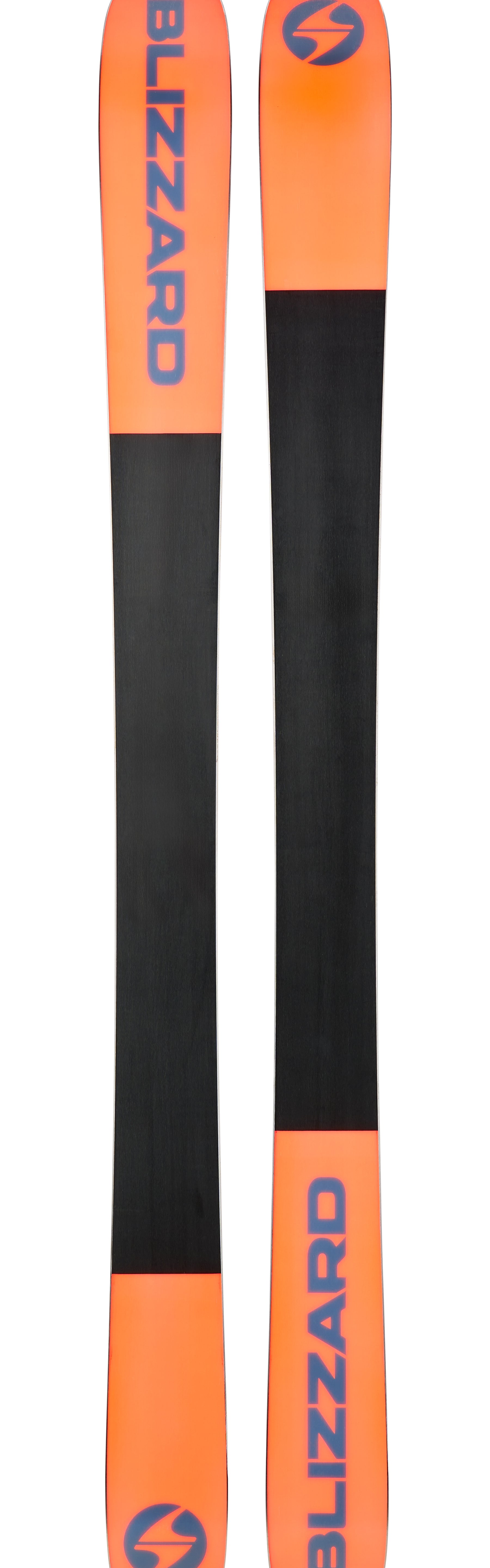 Orange and black downhill skis with Blizzard branding and circular side logos.